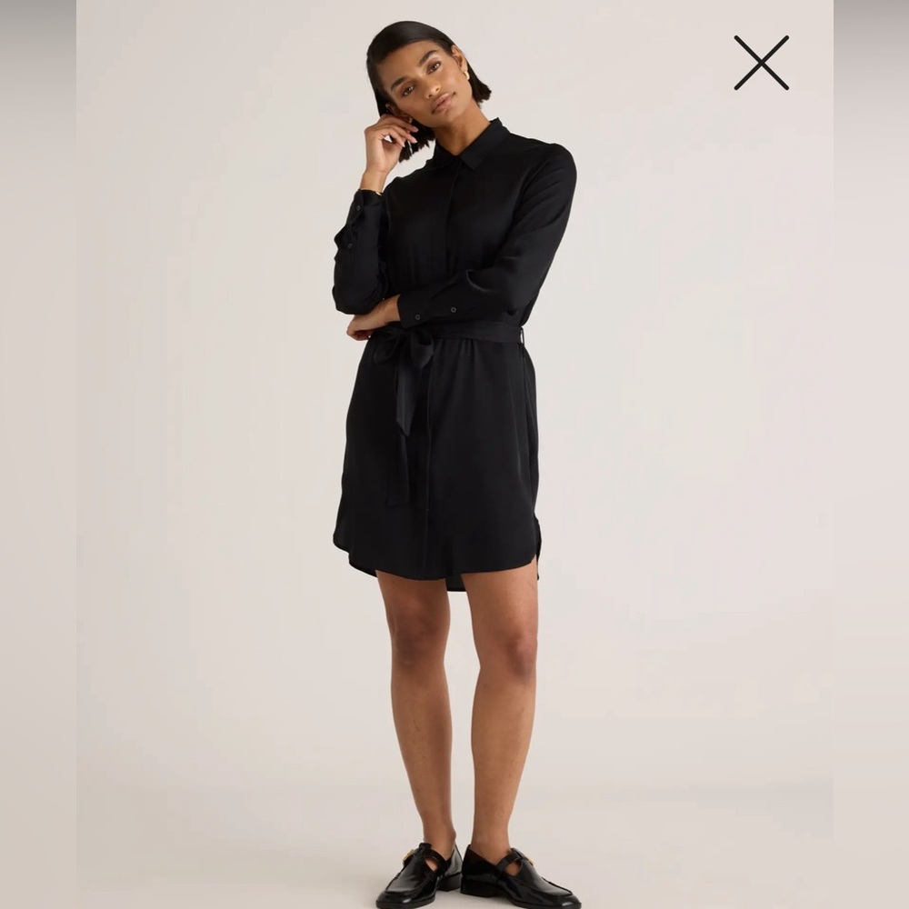 Quince Black Stretch Silk Shirt Dress sz L Large Women's Long Sleeve Belted NWT